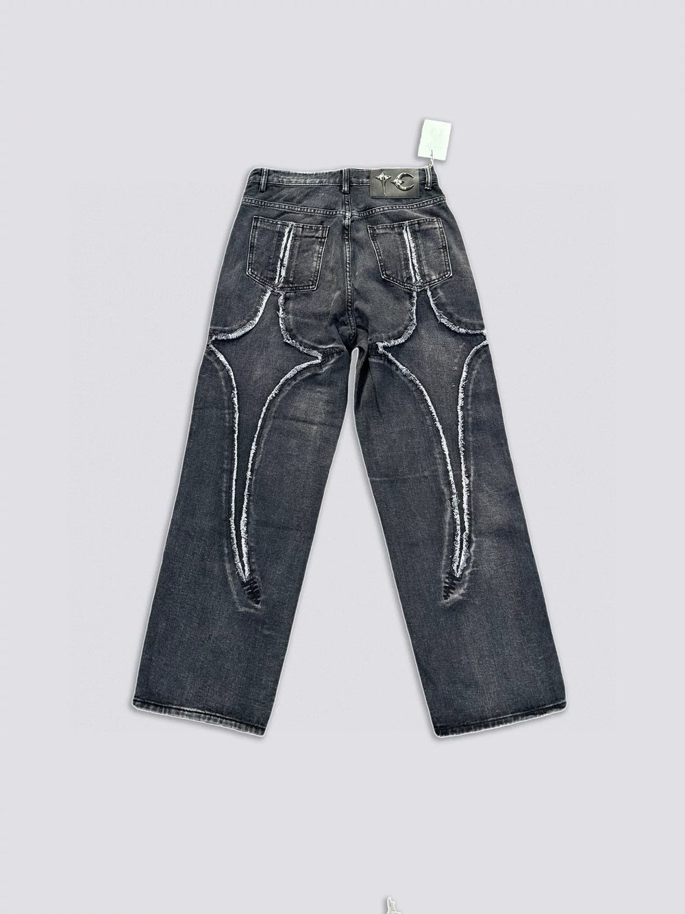 Thug Club24WW Park Jae Fan's laser spliced sickle pattern embroidered jeans, washed wide leg pants