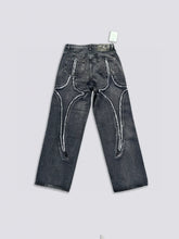 Thug Club24WW Park Jae Fan's laser spliced sickle pattern embroidered jeans, washed wide leg pants