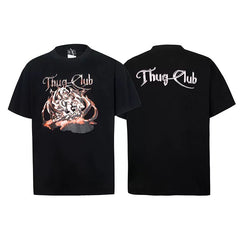 Thug Club American High Street Summer Chest Embroidered Splicing Half Sleeve Retro distressed Loose Men's and Women's Short sleeved T-shirt