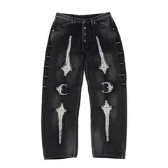 Heavy weight Thug Club star and moon patch, patchwork leather, erosion embroidery, vintage vintage color drop straight leg loose jeans