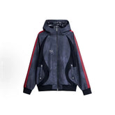 THUG CLUB collaboration Gali same PU leather jacket, three bar collaboration hooded spliced zipper jacket