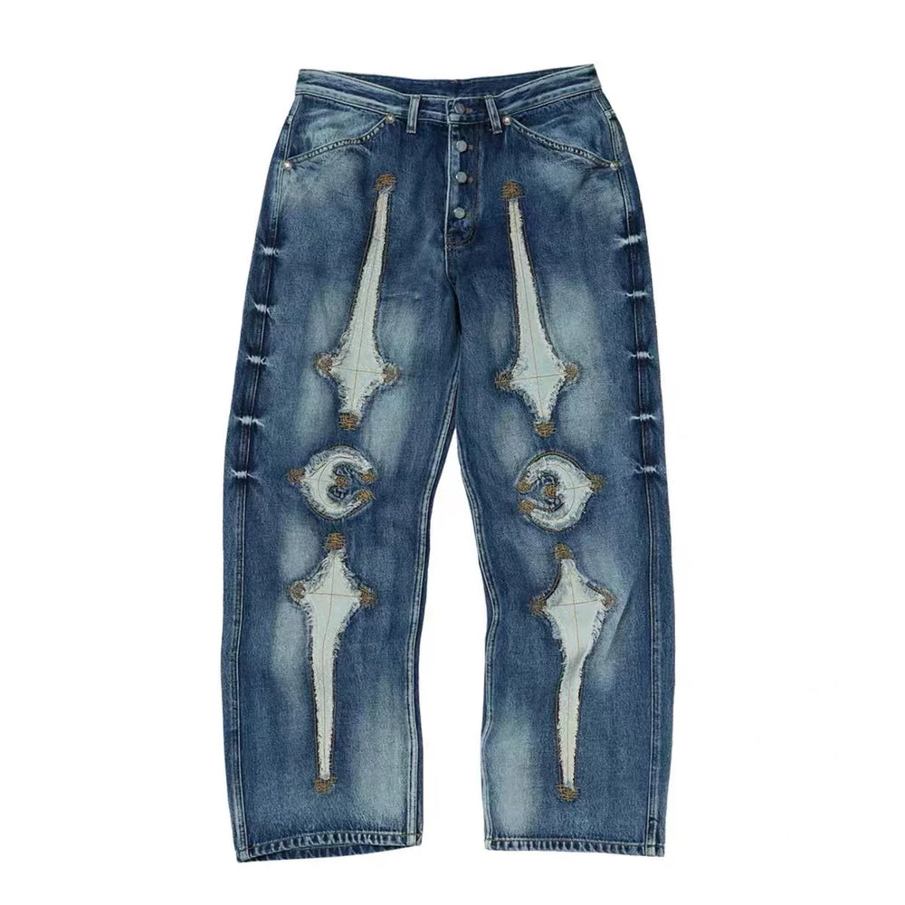 Heavy weight Thug Club star and moon patch, patchwork leather, erosion embroidery, vintage vintage color drop straight leg loose jeans