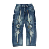 Heavy weight Thug Club star and moon patch, patchwork leather, erosion embroidery, vintage vintage color drop straight leg loose jeans