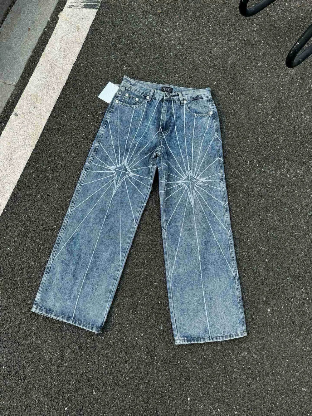 Thug Club24WW Park Jae Fan's embroidered spider web mid waist loose jeans men's embroidered wide leg pants