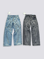 Thug Club24WW Park Jae Fan's laser spliced sickle pattern embroidered jeans, washed wide leg pants