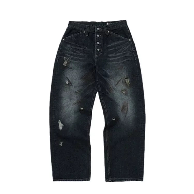 TC THUG CLUB NEWS: Old, dirty, dyed, damaged, hole torn, mud dyed, straight tube, metal button jeans for men and women
