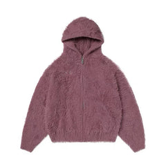 Thugclub imitation mink fur fur plush zipper pink cardigan jacket metal logo silhouette hooded sweater for men