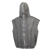 THUG CLUB 24 Spring/Summer Grey Vintage Haircut Hollow Design Metal Logo Men's Zipper Hooded Tank Top