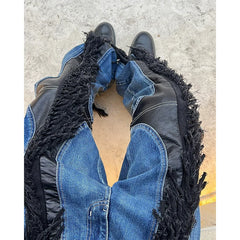 Thug Club Heavy duty Flow Su Mo Si Dry Splicing Leather Contrasting Straight Tube Niche Casual Washed Jeans for Men