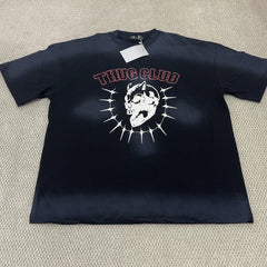 纯原顶板Thug club骷髅头印花喷脏短袖T恤男女重磅宽松情侣上衣潮