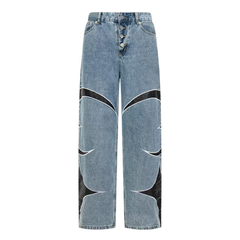 THUG CLUB VIBE Embroidered Patchwork Leather Denim Pants - Blue