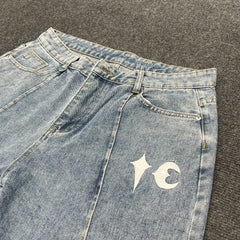Thug Club美式复古水洗做旧星月绣花LOGO牛仔短裤男女宽松裤子 潮