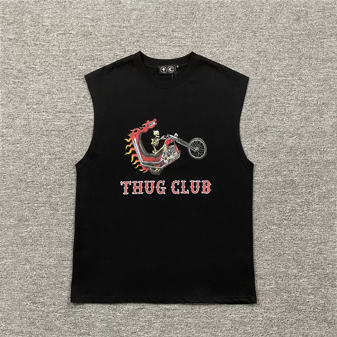 Thug Club European and American niche fashion brand summer casual skeleton motorcycle print pure cotton sleeveless vest sweatshirt for men