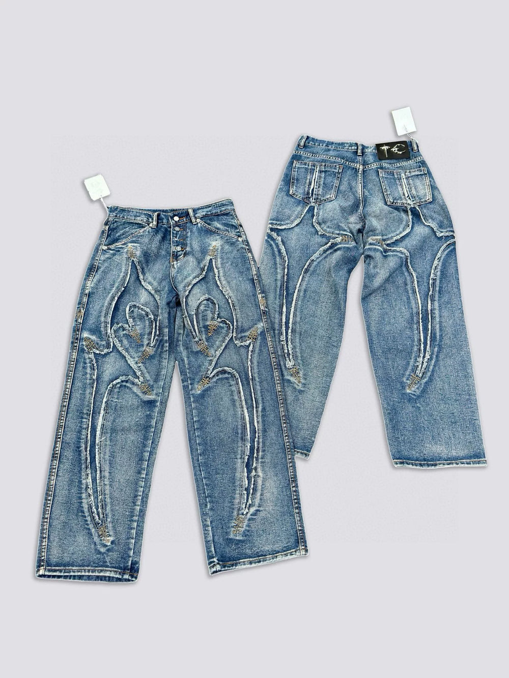 Thug Club24WW Park Jae Fan's laser spliced sickle pattern embroidered jeans, washed wide leg pants
