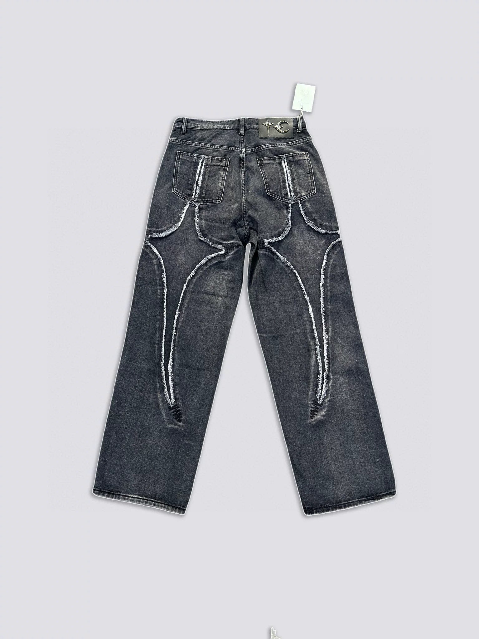 Thug Club24WW Park Jae Fan's laser spliced sickle pattern embroidered jeans, washed wide leg pants