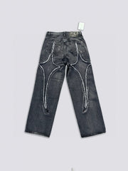 Thug Club24WW Park Jae Fan's laser spliced sickle pattern embroidered jeans, washed wide leg pants