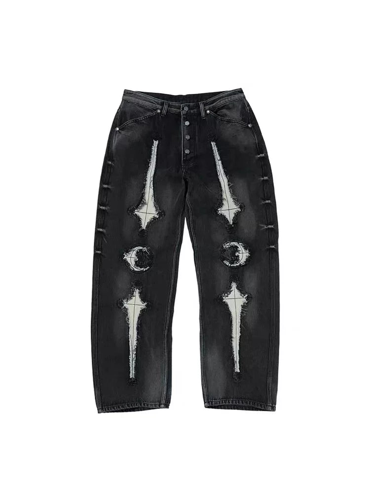 Heavy weight Thug Club star and moon patch, patchwork leather, erosion embroidery, vintage vintage color drop straight leg loose jeans