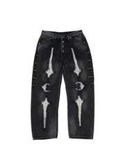 Heavy weight Thug Club star and moon patch, patchwork leather, erosion embroidery, vintage vintage color drop straight leg loose jeans