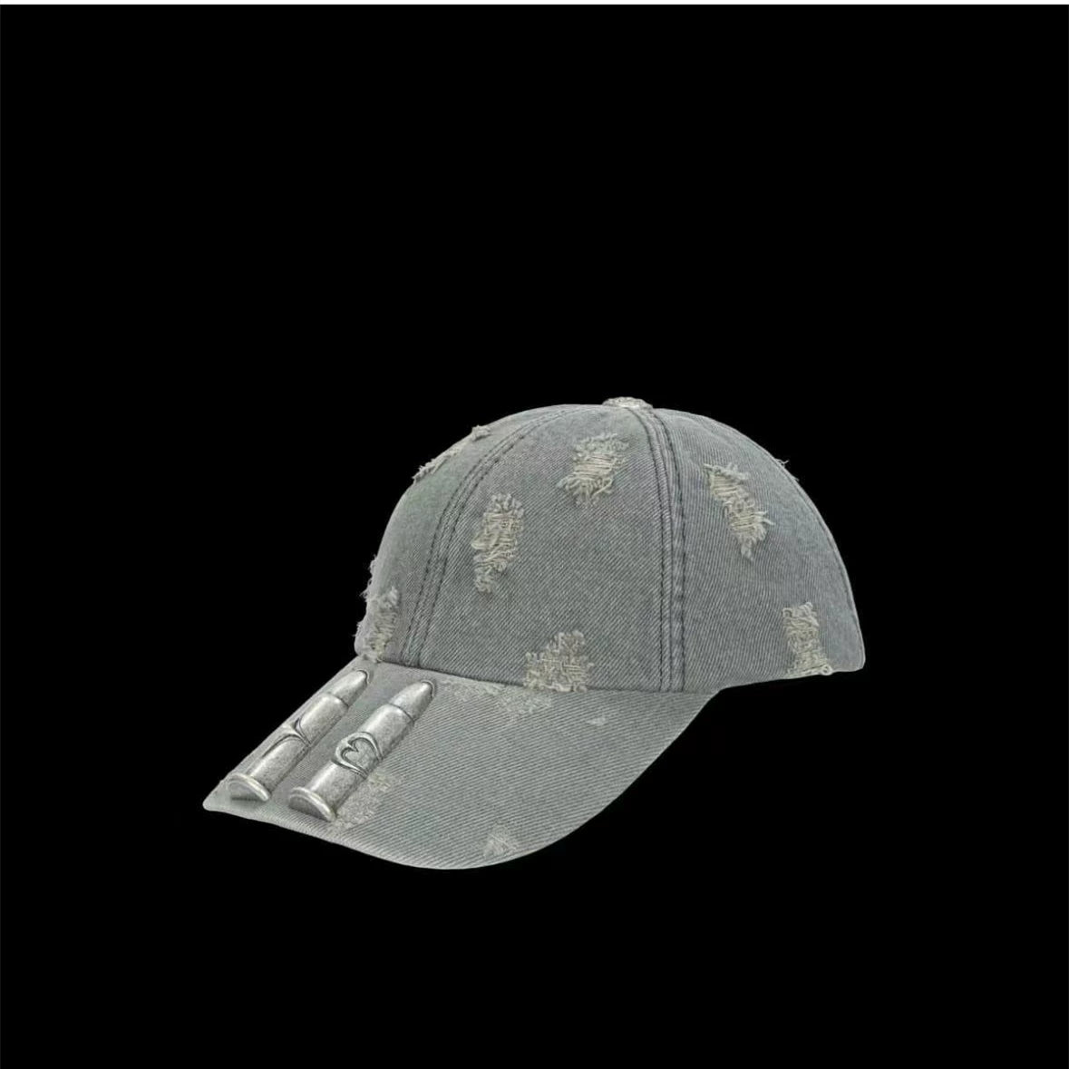 Thug Club Double Bullet Destruction Wind Used Baseball Hat unisex washed grey denim fabric