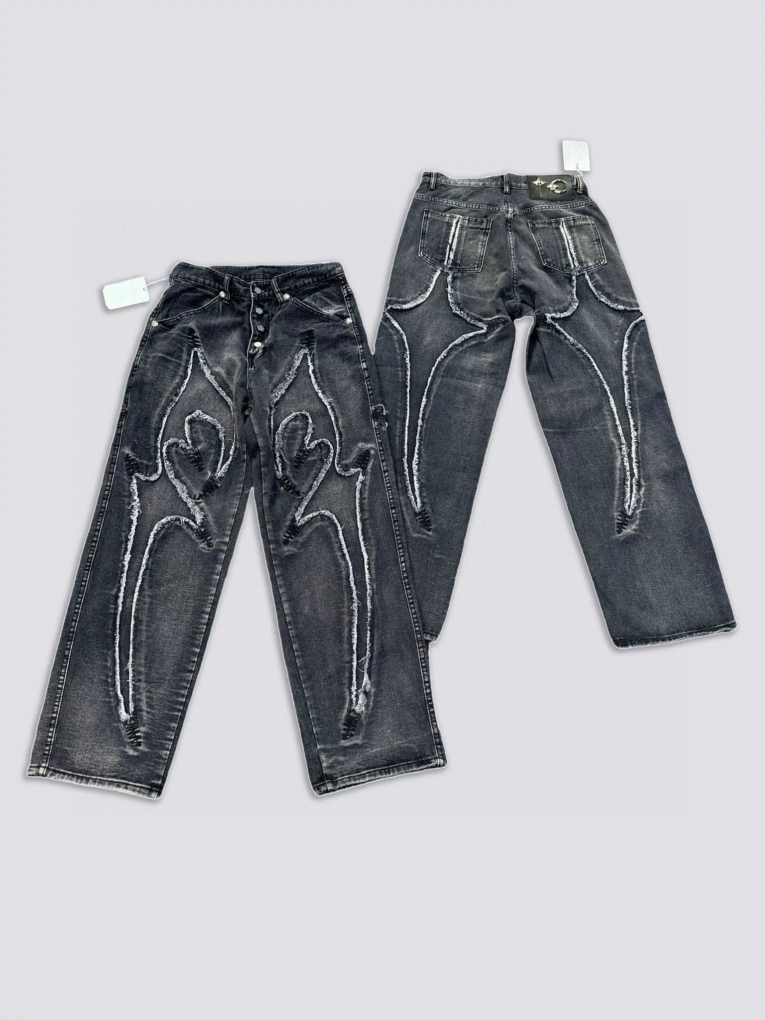 Thug Club24WW Park Jae Fan's laser spliced sickle pattern embroidered jeans, washed wide leg pants