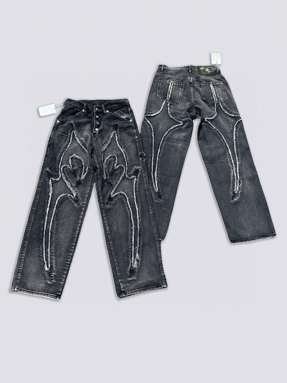 Thug Club24WW Park Jae Fan's laser spliced sickle pattern embroidered jeans, washed wide leg pants