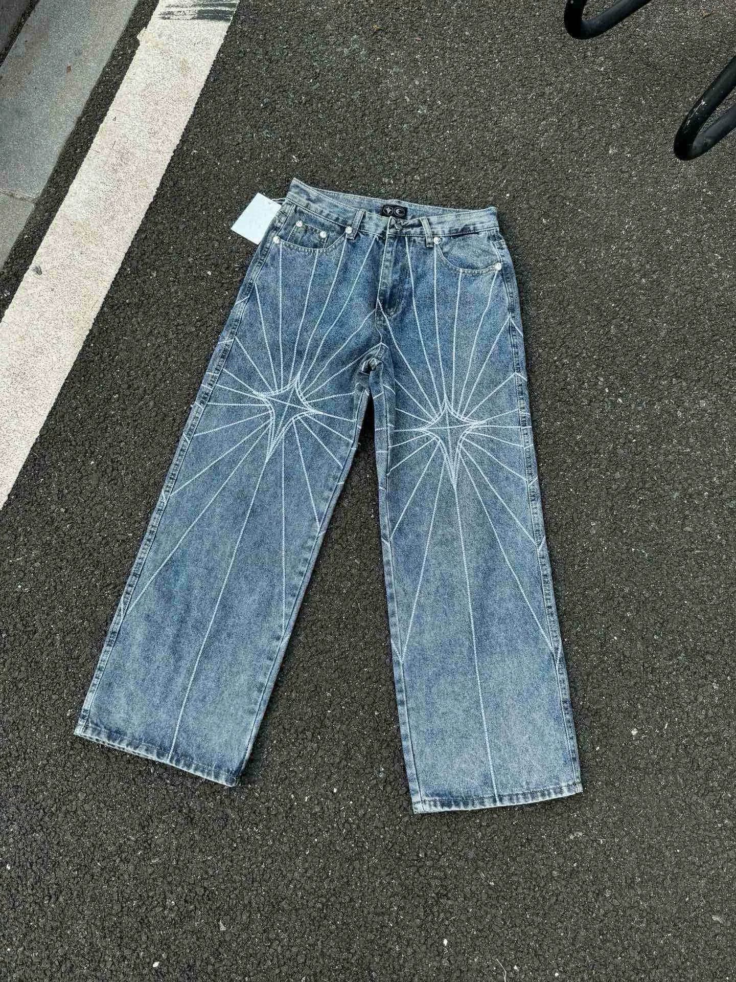 Thug Club24WW Park Jae Fan's embroidered spider web mid waist loose jeans men's embroidered wide leg pants
