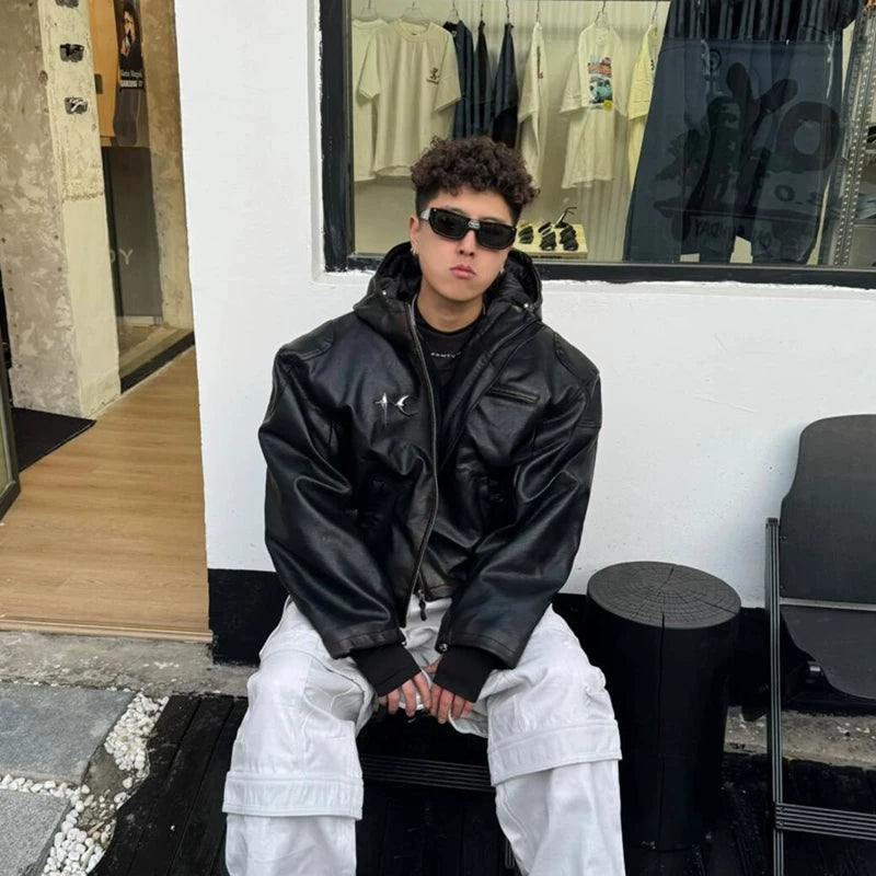 THUG CLUB High Street Park Jae Fan Shoulder Pad Jacket, Men's and Women's Loose Hooded Cotton Short Motorcycle Leather Jacket