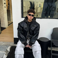 THUG CLUB High Street Park Jae Fan Shoulder Pad Jacket, Men's and Women's Loose Hooded Cotton Short Motorcycle Leather Jacket