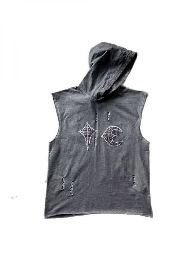 Thug club washed retro distressed embroidered torn hole hoodie, camisole top, same style as Yang and Su