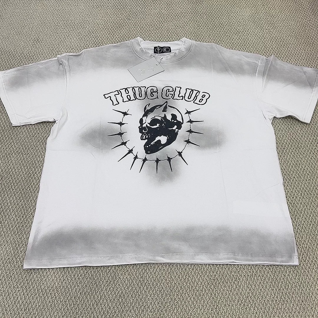 纯原顶板Thug club骷髅头印花喷脏短袖T恤男女重磅宽松情侣上衣潮