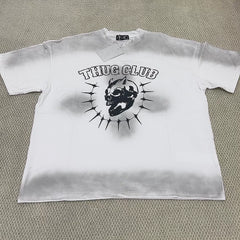 纯原顶板Thug club骷髅头印花喷脏短袖T恤男女重磅宽松情侣上衣潮