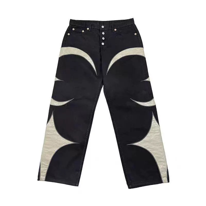 THUG CLUB VIBE American Embroidery Splice Leather Jeans Men's Trendy Brand Loose ASAP ROCKY Same Style Pants