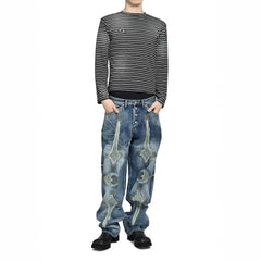 Heavy weight Thug Club star and moon patch, patchwork leather, erosion embroidery, vintage vintage color drop straight leg loose jeans