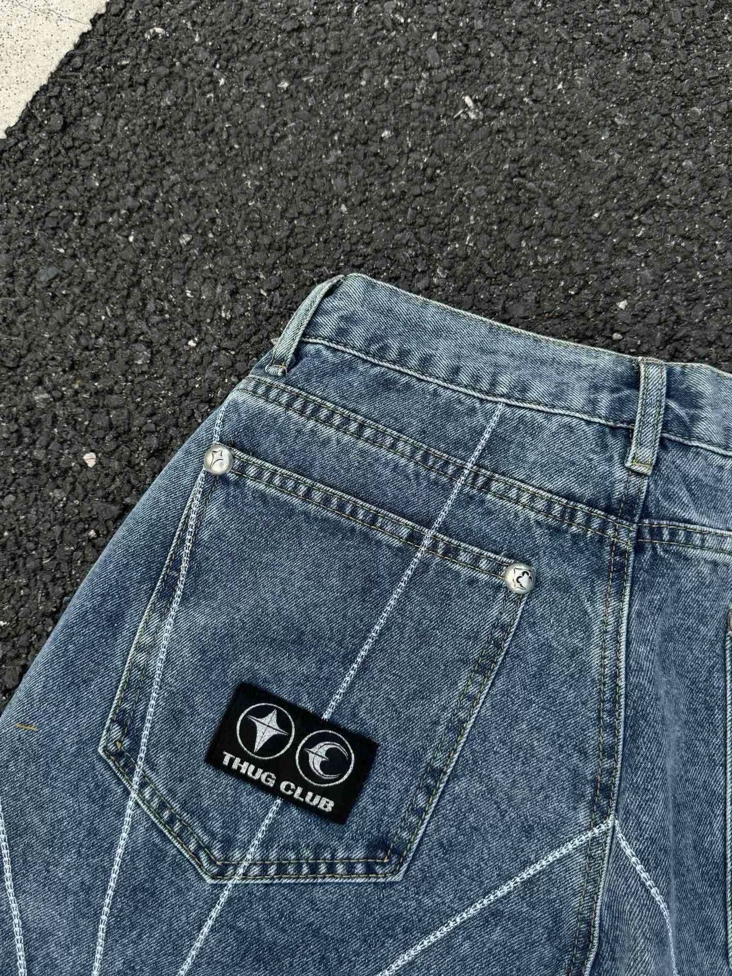 Thug Club24WW Park Jae Fan's embroidered spider web mid waist loose jeans men's embroidered wide leg pants
