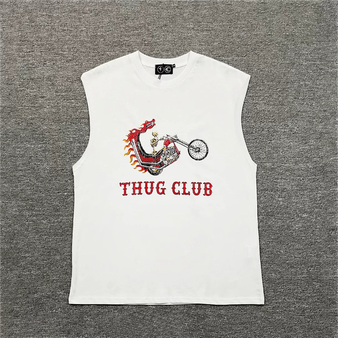 Thug Club European and American niche fashion brand summer casual skeleton motorcycle print pure cotton sleeveless vest sweatshirt for men