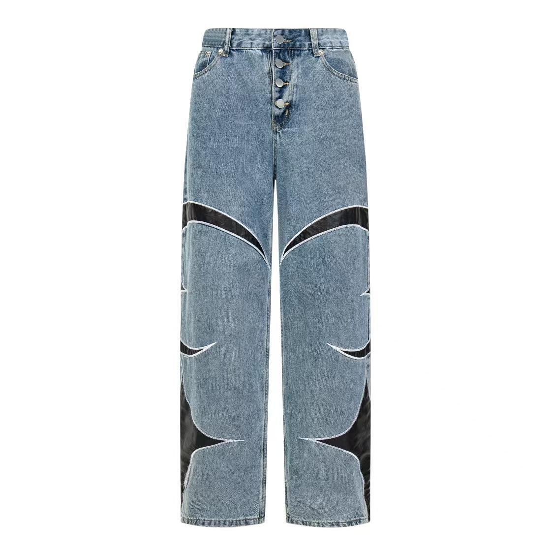 THUG CLUB VIBE Embroidered Patchwork Leather Denim Pants - Blue